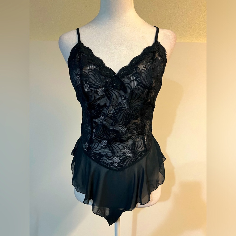 Vintage Victoria’s Secret stretch lace teddy with chiffon skirt